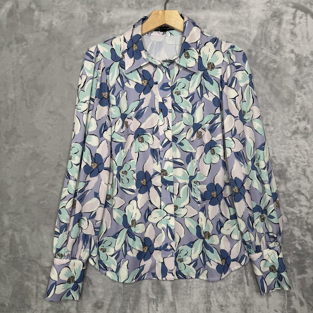 Boston Proper Shirt Womens Medium Blue Green White Floral Button Up Blouse Top